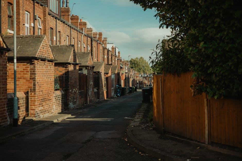 A residential street scene featuring a row of black wheelie bins lined up along the sidewalk adjacent to a red-brick building with multiple small white-framed sash windows. The bins have closed lids a